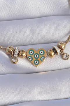 316L Çelik Gold Renk Zirkon Taşlı Nazarlı Kalp Tasarımlı Bileklik 5886