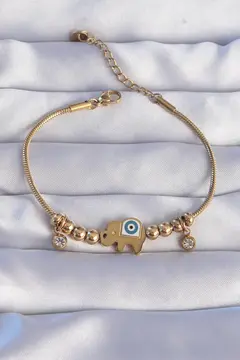 316L Çelik Gold Renk Zirkon Taşlı Nazarlı Fil Tasarımlı Bileklik 5886