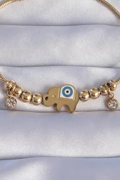 316L Çelik Gold Renk Zirkon Taşlı Nazarlı Fil Tasarımlı Bileklik 5886