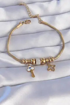 316L Çelik Gold Renk Zirkon Taşlı Yonca Detay Nazarlı Anahtar Tasarımlı Bileklik 5886