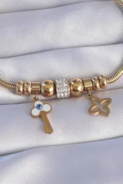 316L Çelik Gold Renk Zirkon Taşlı Yonca Detay Nazarlı Anahtar Tasarımlı Bileklik 5886