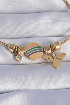 316L Çelik Gold Renk Zirkon Taşlı Gökkuşağı Tasarımlı Yusufçuk Bileklik 5886