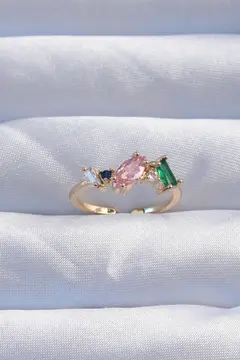 Pirinç Gold Renk Renkli Zirkon Taşlı Ayarlanabilir Yüzük 5886