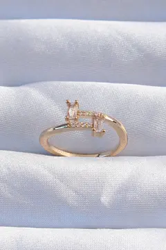 Pirinç Gold Renk Zirkon Taşlı Geometrik Ayarlanabilir Yüzük 5886