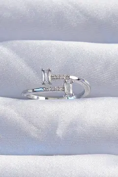 Pirinç Gümüş Renk Zirkon Taşlı Geometrik Ayarlanabilir Yüzük 5886