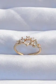Pirinç Gold Renk Zirkon Taşlı Damla Detay Ayarlanabilir Yüzük 5886