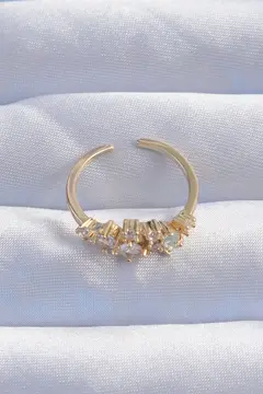 Pirinç Gold Renk Zirkon Taşlı Damla Detay Ayarlanabilir Yüzük 5886