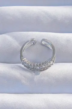 Pirinç Gümüş Renk Sedefli Zirkon Taşlı Su Yolu Model 2li Görünüm Ayarlanabilir Yüzük 5886