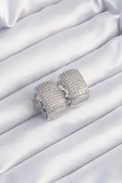 Pirinç Gümüş Renk Zirkon Taşlı Minimal Halka Küpe 5886