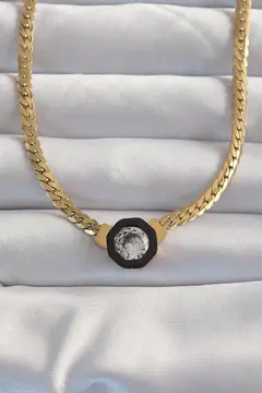 316L Çelik Gold Renk Ezme Zincir Zirkon Taşlı Mineli Serenay Kolyesi 5886