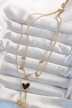316L Çelik Gold Renk Mineli Çoklu Kalp Kolye 5886