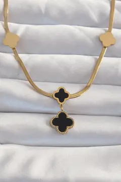 316L Çelik Gold Renk İtalyan Zincirli Mineli Yonca Kolye 5886