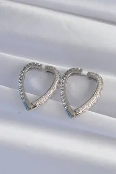 Pirinç Gümüş Renk Zirkon Taşlı Motifli Kalp Küpe 5886