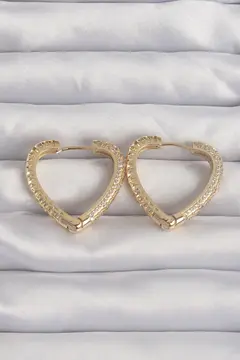 Pirinç Gold Renk Zirkon Taşlı Motifli Kalp Küpe 5886