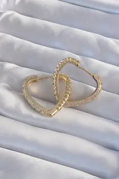Pirinç Gold Renk Zirkon Taşlı Motifli Kalp Küpe 5886