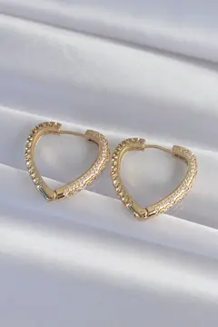 Pirinç Gold Renk Zirkon Taşlı Motifli Kalp Küpe 5886