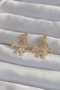 Pirinç Gold Renk Zirkon Taşlı Yassı Fiyonk Model Küpe 5886