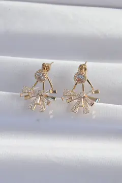 Pirinç Gold Renk Zirkon Taşlı Yassı Fiyonk Model Küpe 5886