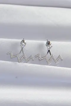 Pirinç Gümüş Renk Zirkon Taşlı Zikzak Küpe 5886