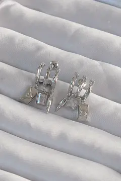 Pirinç Gümüş Renk Zirkon Taşlı Çoklu Aksesuarlı Yarım Halka Kaburga Küpe 5886