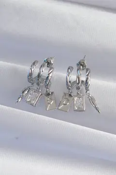 Pirinç Gümüş Renk Zirkon Taşlı Çoklu Aksesuarlı Yarım Halka Kaburga Küpe 5886