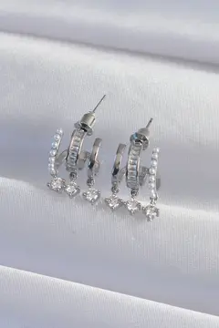 Pirinç Gümüş Renk İncili Çoklu Zirkon Taşlı Yarım Halka Küpe 5886