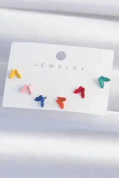 Pirinç Rengarenk Mineli Minimal Kelebek Küpe Seti 5886