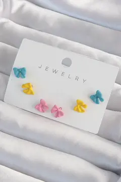 Pirinç Rengarenk Mineli Minimal Fiyonk Küpe Seti 5886