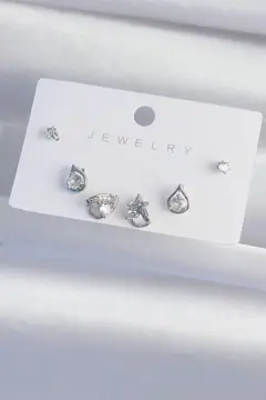 Pirinç Gümüş Renk Zirkon Taşlı Damla Model Küpe Seti 5886