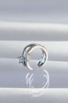 Pirinç Gümüş Renk Zirkon Taşlı Damla Earcuff Küpe 5886