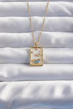 316L Çelik Zincir Gold Renk Ay Detay Mavi Zirkon Taşlı Tarot Kolye 5886