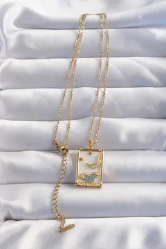 316L Çelik Zincir Gold Renk Ay Detay Mavi Zirkon Taşlı Tarot Kolye 5886