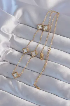 316L Çelik Gold Renk Minimal Beyaz Sedefli Yonca Kolye 5886