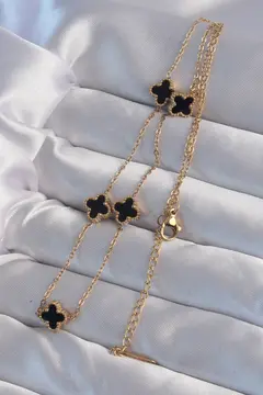 316L Çelik Gold Renk Minimal Siyah Mineli Yonca Kolye 5886
