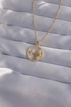 316L Çelik Zincir Gold Renk Zirkon Taşlı Yıldız Figürlü Oval Kolye 5886