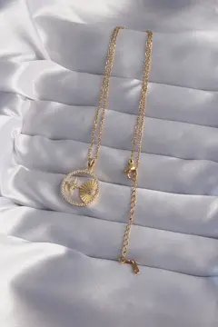 316L Çelik Zincir Gold Renk Zirkon Taşlı Yıldız Figürlü Oval Kolye 5886