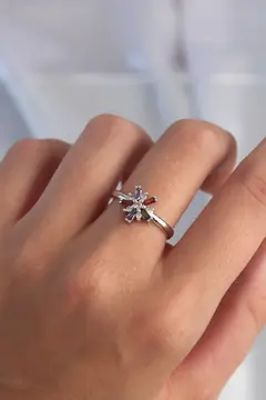 Pirinç Gümüş Renk Renkli Zirkon Taşlı Ayarlamalı Yüzük 5886