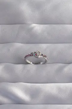 Pirinç Gümüş Renk Renkli Zirkon Taşlı Ayarlamalı Yüzük 5886