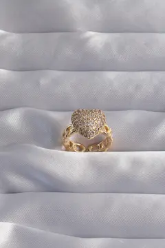 Pirinç Ayarlamalı Gold Renk Zirkon Taşlı Bombeli Kalp Yüzük 5886