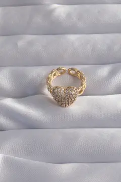Pirinç Ayarlamalı Gold Renk Zirkon Taşlı Bombeli Kalp Yüzük 5886