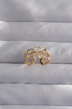 Pirinç Ayarlamalı Gold Renk Zirkon Taşlı 2li Görünüm Fiyonk Yüzük 5886