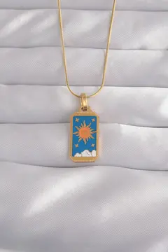 316L Çelik Gold Renk Mavi Mineli Güneş Model Tarot Kolye 5886