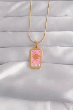 316L Çelik Gold Renk Pembe Mineli Güneş Model Tarot Kolye 5886