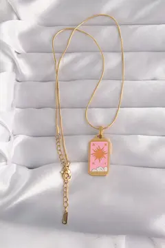 316L Çelik Gold Renk Pembe Mineli Güneş Model Tarot Kolye 5886