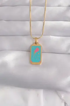 316L Çelik Gold Renk Mavi Mineli Tarot Kolye 5886