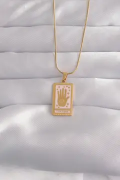 316L Çelik Gold Renk Pembe Mineli El Figür Tarot Kolye 5886