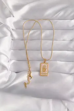 316L Çelik Gold Renk Pembe Mineli El Figür Tarot Kolye 5886