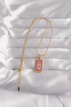 316L Çelik Gold Renk Mor Mineli El Figür Tarot Kolye 5886