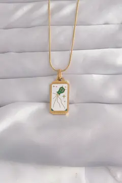 316L Çelik Gold Renk Beyaz Mineli Tarot Kolye 5886