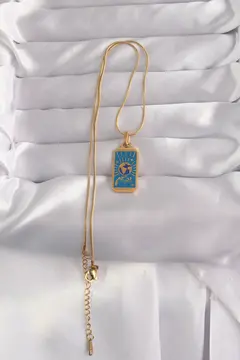 316L Çelik Gold Renk Mavi Mineli El Figür Tarot Kolye 5886